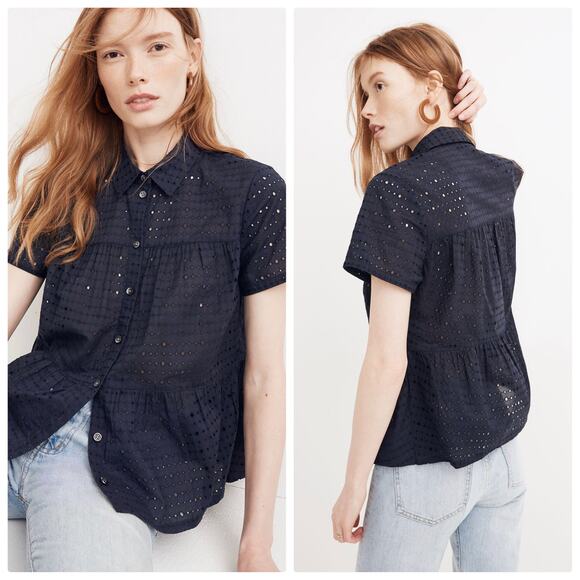 Madewell Eyelet Seamed Button-Down Shirt Navy Blue - Picture 1 of 9